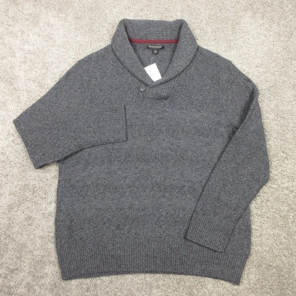 Banana Republic Sweater Mens XL‎ Gray Shawl Collar Knit Pullover Cotton Button